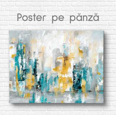 Poster - Abstract spots of blue and gold shades, 45 x 30 см, Canvas on frame, Abstract