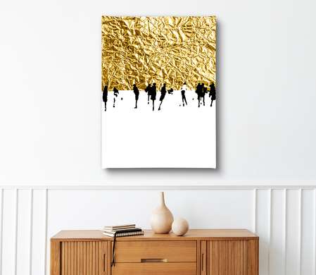 Poster - Black silhouettes of people on a golden background, 60 x 90 см, Framed poster on glass, Abstract