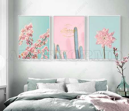 Poster - The tree with pink flowers and the cactus, 30 x 45 см, Canvas on frame, Sets