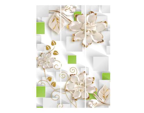 Paravan - Flori albe și ornamente aurii pe un fundal abstract, 7