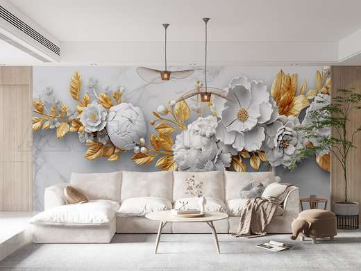 Wall mural - The branch with white flowers and golden elements