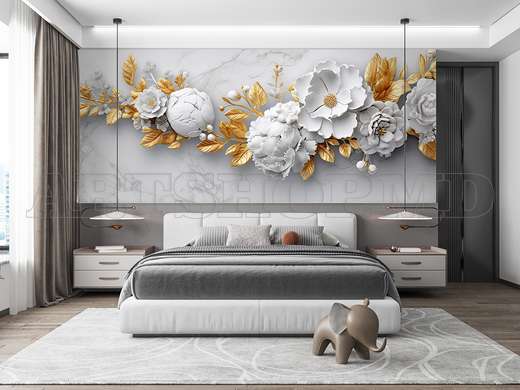 Wall mural - The branch with white flowers and golden elements