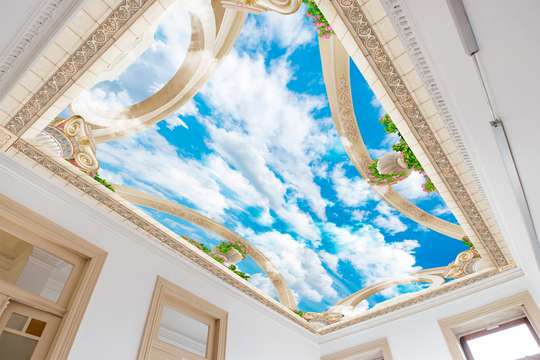 Фотообои - Голубое небо с белыми облаками и цветочной рамкой