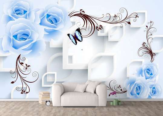 3D Wallpaper - Blue flowers on a white 3D background.