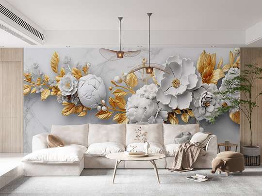 Wall mural - The branch with white flowers and golden elements