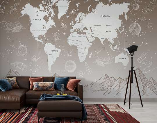 Wall mural - World map with mountains and stars in pale beige color