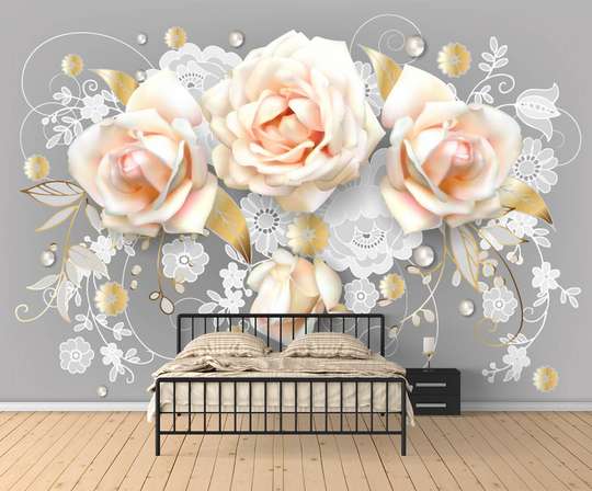 3D Wallpaper - Bouquet of pink roses on a gray background