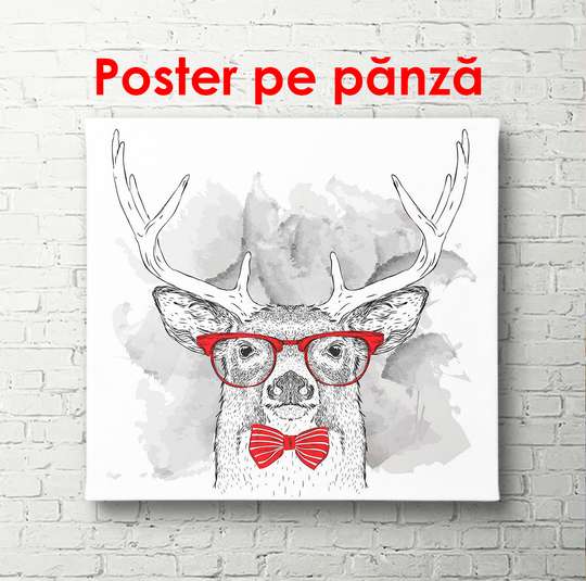 Постер - Олень с красными очками на белом фоне, 100 x 100 см, Постер в раме