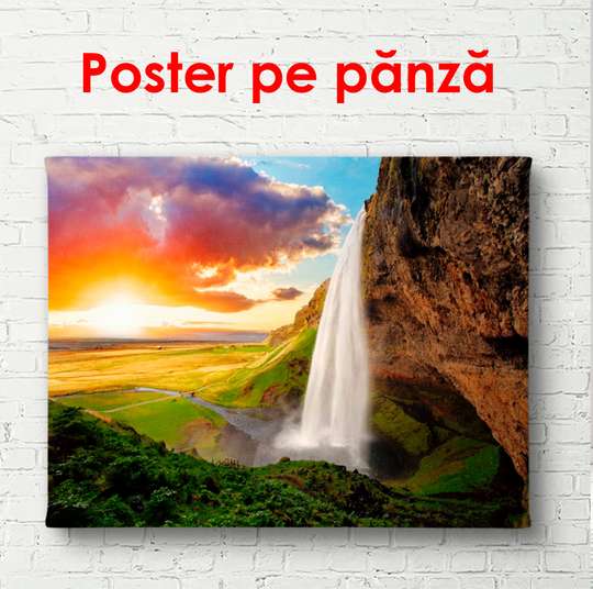 Постер - Водопад на фоне гор и заката, 90 x 60 см, Постер в раме