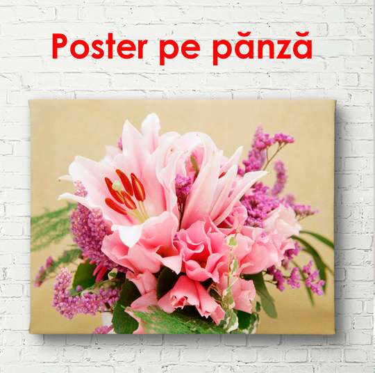 Poster - Flori frumoase roz într-o vază, 90 x 60 см, Poster înrămat