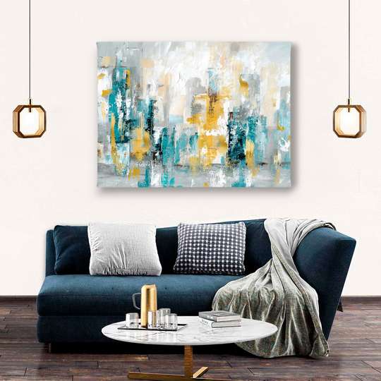 Poster - Abstract spots of blue and gold shades, 45 x 30 см, Canvas on frame