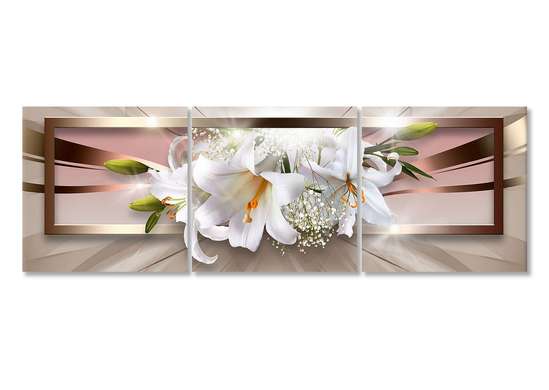 Модульная картина, Белая лилия на коричневом фоне., 225 x 75