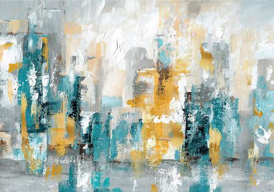 Poster - Pete abstracte de nuanțe de albastru și auriu, 45 x 30 см, Panza pe cadru, Abstracție