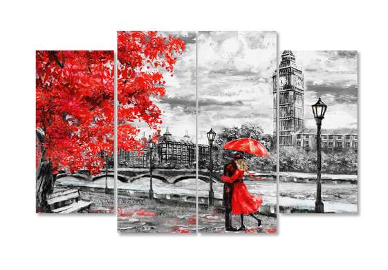 Tablou Pe Panza Multicanvas, Cuplu îndrăgostit în Londra ploioasă de toamnă, 106 x 60