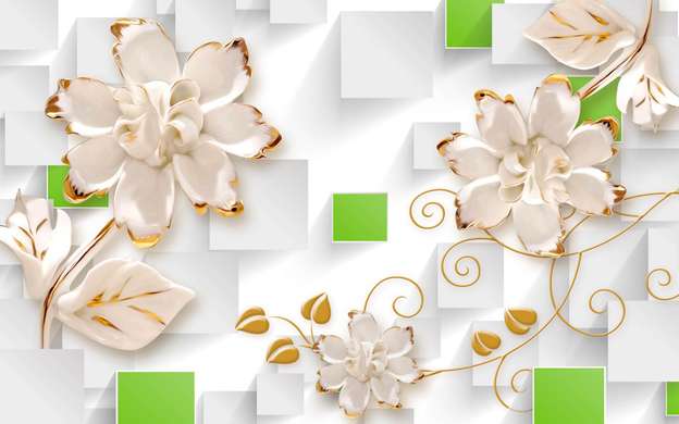 Paravan - Flori albe și ornamente aurii pe un fundal abstract, 7