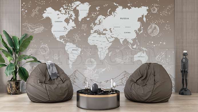 Wall mural - World map with mountains and stars in pale beige color