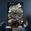 Poster - Blue flowers with golden elements, 60 x 90 см, Framed poster on glass, Flowers