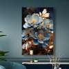 Poster - Blue flowers with golden elements, 60 x 90 см, Framed poster on glass, Flowers