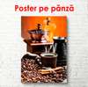Постер - Белая чашка с горячим кофе на фоне оранжевой стены и кофемолки, 45 x 90 см, Постер в раме, Еда и Напитки