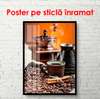 Постер - Белая чашка с горячим кофе на фоне оранжевой стены и кофемолки, 45 x 90 см, Постер в раме, Еда и Напитки