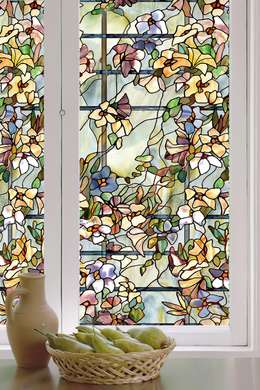 Window Privacy Film, Decorative stained glass window with multicoloured flowers, 60 x 90cm, Transparent, Window Film