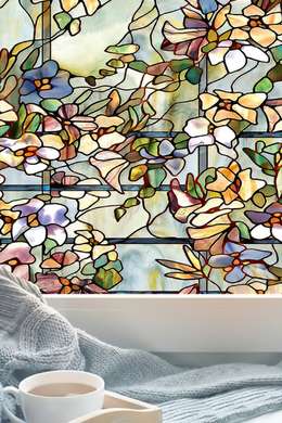 Самоклейка для окон, Декоративный витраж с разноцветными цветами, 60 x 90cm, Transparent, Витражная Пленка
