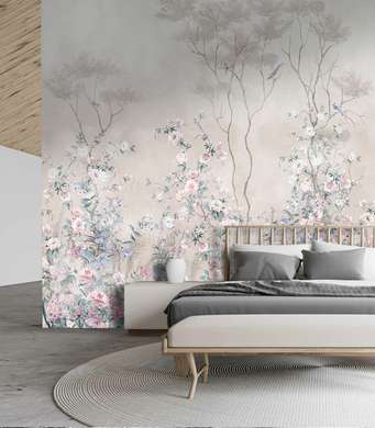 Wall Mural - Garden with delicate flowers and birds