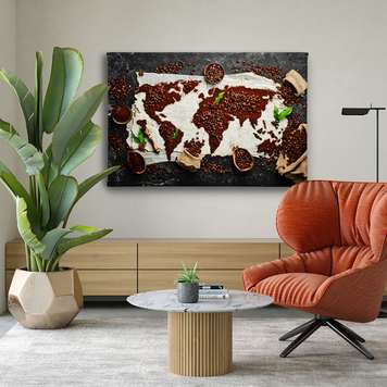 Poster - Coffee Beans in the shape of a World Map, 45 x 30 см, Canvas on frame, Food and Drinks