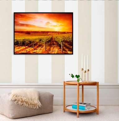 Poster - Vițe de vie pe fundalul unui apus de soare aprins, 45 x 30 см, Panza pe cadru, Natură