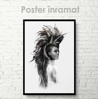 Постер - Девушка- Индеец, 30 x 45 см, Холст на подрамнике, Черно Белые