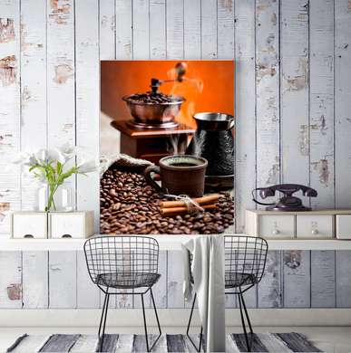 Poster - Paharul alb cu cafea fierbinte și râșnița de cafea pe fundalul portocaliu, 45 x 90 см, Poster înrămat, Alimente și Băuturi