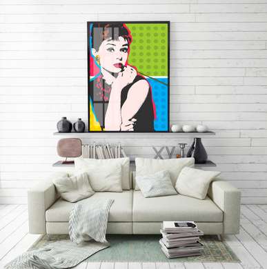 Poster - Desen al unei domnișoare în stil retro, 45 x 90 см, Poster inramat pe sticla, Persoane Celebre