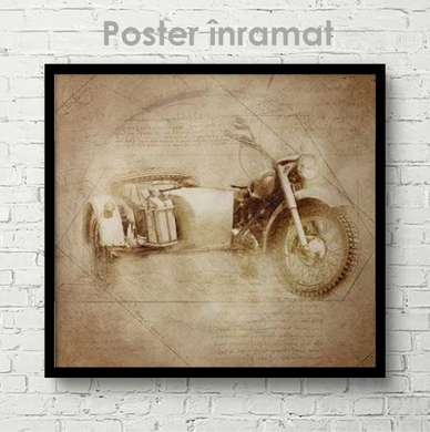 Постер - Эскиз ретро мотоцикла, 100 x 100 см, Постер на Стекле в раме, Транспорт