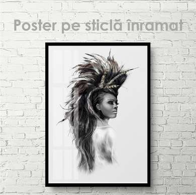Постер - Девушка- Индеец, 30 x 45 см, Холст на подрамнике, Черно Белые