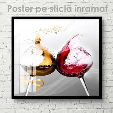 Постер - Вино в бокалах, 100 x 100 см, Постер на Стекле в раме, Еда и Напитки