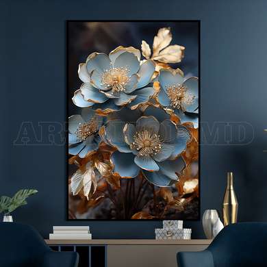 Poster - Blue flowers with golden elements, 60 x 90 см, Framed poster on glass, Flowers