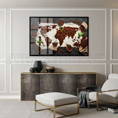 Poster - Coffee Beans in the shape of a World Map, 45 x 30 см, Canvas on frame, Food and Drinks