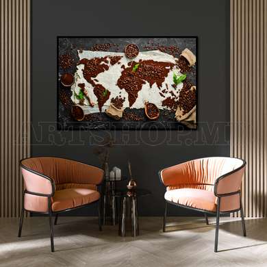 Poster - Coffee Beans in the shape of a World Map, 90 x 60 см, Framed poster on glass, Food and Drinks