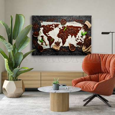 Poster - Coffee Beans in the shape of a World Map, 45 x 30 см, Canvas on frame, Food and Drinks