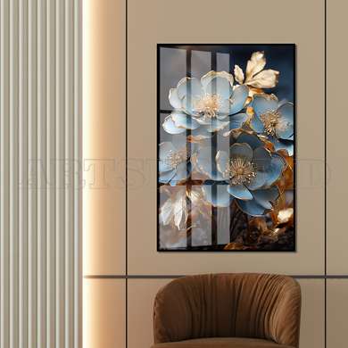 Poster - Blue flowers with golden elements, 60 x 90 см, Framed poster on glass, Flowers