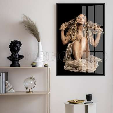 Poster - Fată pe fundal negru, 30 x 60 см, Panza pe cadru, Nude