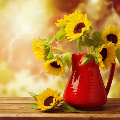 Poster - Buchet de floarea-soarelui într-o vază roșie, 100 x 100 см, Poster inramat pe sticla