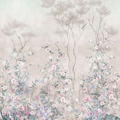 Wall Mural - Garden with delicate flowers and birds