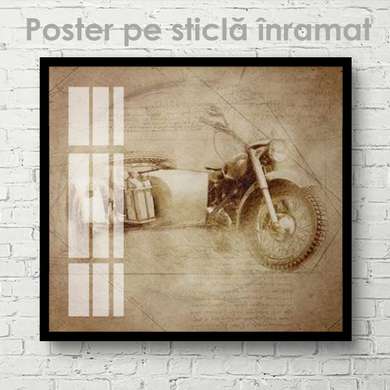 Poster - Schița unei motociclete retro, 100 x 100 см, Poster inramat pe sticla