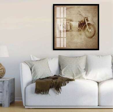 Poster - sketch of retro motorcycle, 100 x 100 см, Framed poster on glass, Transport