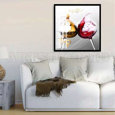 Poster - Wine in glasses, 100 x 100 см, Framed poster on glass, Food and Drinks