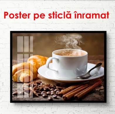 Poster - Cup with coffee and croissant on the table, 90 x 60 см, Framed poster, Food and Drinks