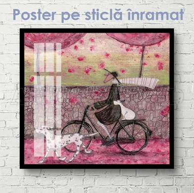 Poster - Plimbare de primăvară prin oraș, 100 x 100 см, Poster inramat pe sticla, Diverse