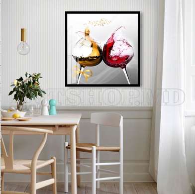 Poster - Wine in glasses, 100 x 100 см, Framed poster on glass, Food and Drinks