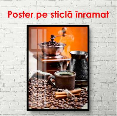 Poster - Paharul alb cu cafea fierbinte și râșnița de cafea pe fundalul portocaliu, 45 x 90 см, Poster înrămat, Alimente și Băuturi